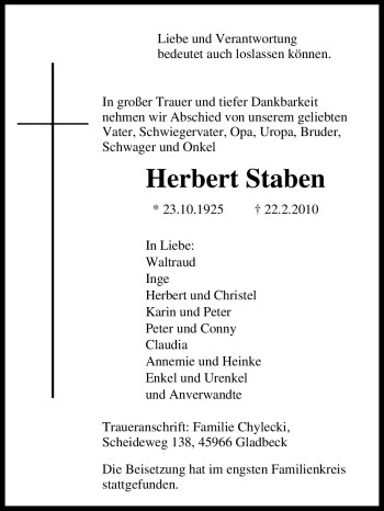 Traueranzeige von Herbert Staben von Tageszeitung