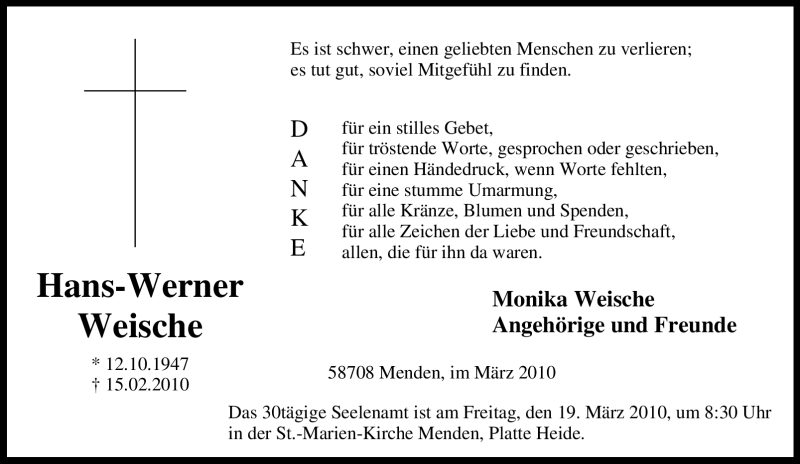  Traueranzeige für Hans-Werner Weische vom 12.03.2010 aus Tageszeitung