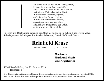 Traueranzeige von Reinhold Kruse von Tageszeitung