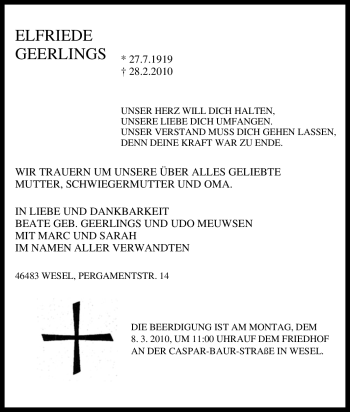 Traueranzeige von Elfriede Geerlings von Tageszeitung