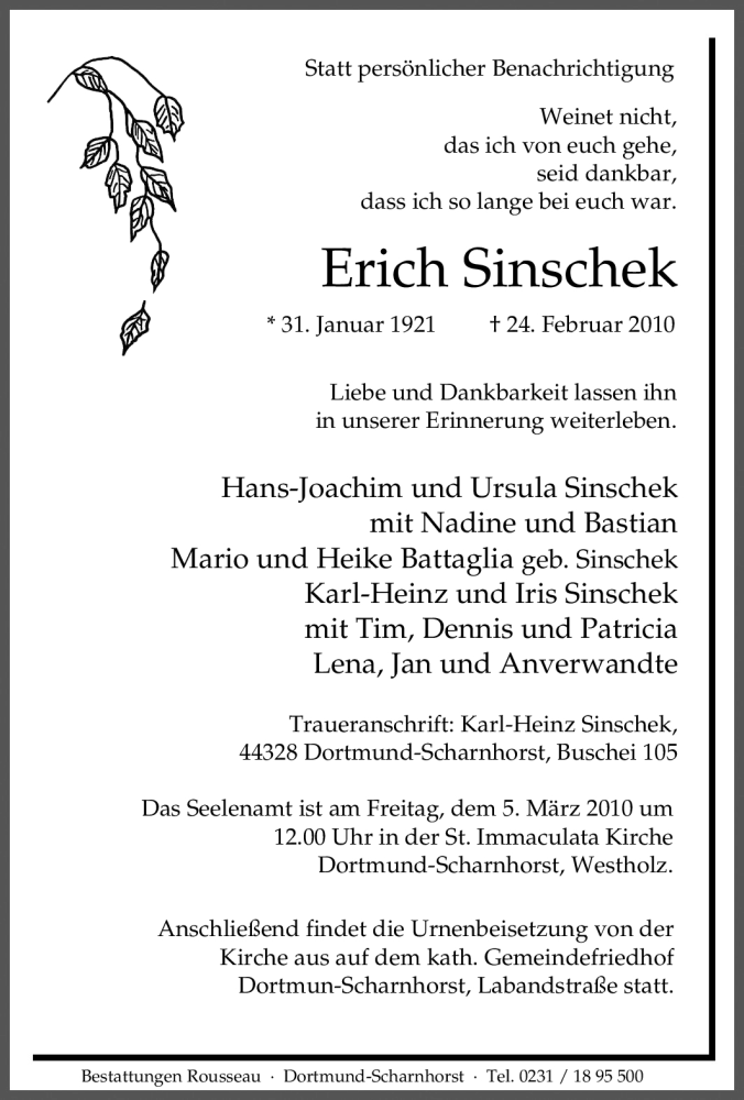  Traueranzeige für Erich Sinschek vom 01.03.2010 aus Tageszeitung