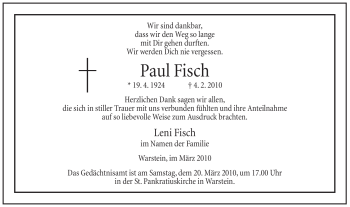 Traueranzeige von Paul Fisch von Tageszeitung