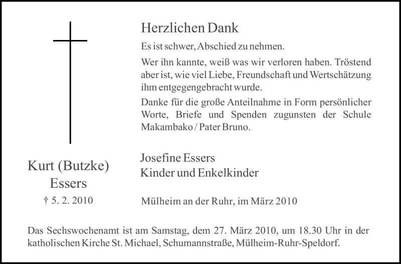  Traueranzeige für Kurt Essers vom 18.03.2010 aus Tageszeitung