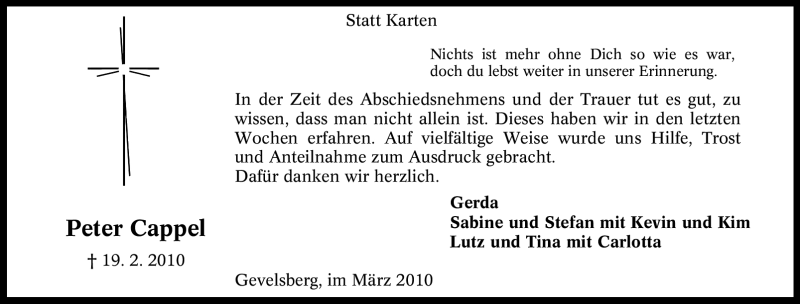  Traueranzeige für Peter Cappel vom 20.03.2010 aus Tageszeitung