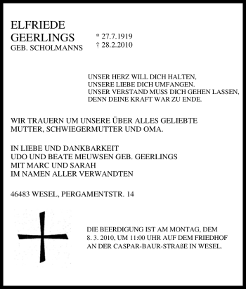 Traueranzeige von Elfriede Geerlings von Tageszeitung