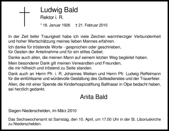Traueranzeige von Ludwig Bald von Tageszeitung