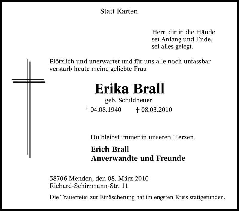  Traueranzeige für Erika Brall vom 17.03.2010 aus Tageszeitung