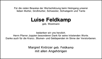 Traueranzeige von Luise Feldkamp von Tageszeitung