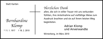 Traueranzeige von Bernhardine Klomp von Tageszeitung