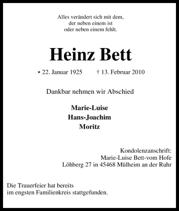 Traueranzeige von Heinz Bett von Tageszeitung