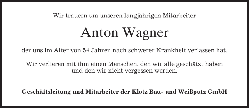  Traueranzeige für Anton Wagner vom 09.03.2010 aus Tageszeitung