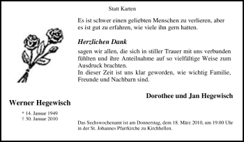 Traueranzeige von Werner Hegewisch von Tageszeitung