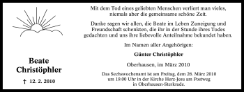 Traueranzeige von Beate Christöphler von Tageszeitung