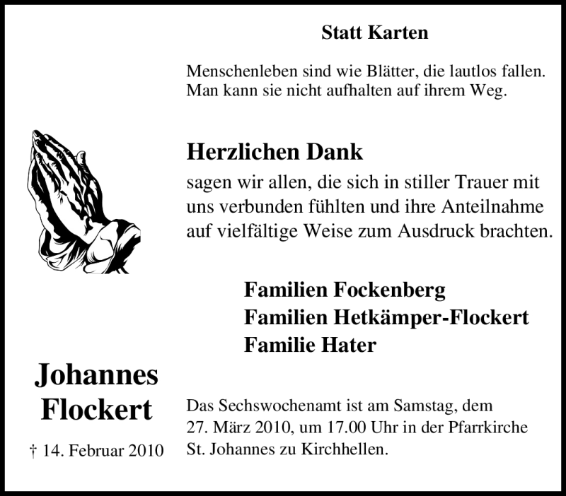  Traueranzeige für Johannes Flockert vom 24.03.2010 aus Tageszeitung