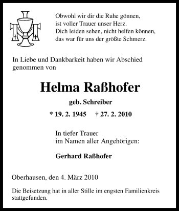 Traueranzeige von Helma Raßhofer von Tageszeitung