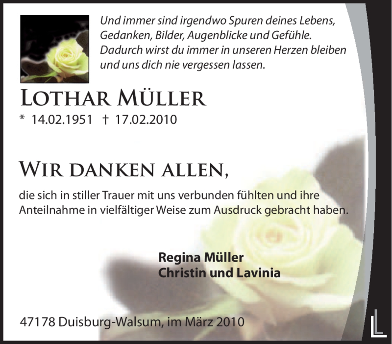  Traueranzeige für Lothar Müller vom 24.03.2010 aus Tageszeitung