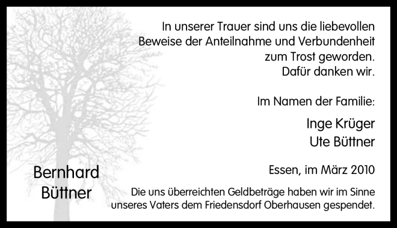  Traueranzeige für Bernhard Büttner vom 03.03.2010 aus Tageszeitung