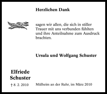 Traueranzeige von Elfriede Schuster von Tageszeitung
