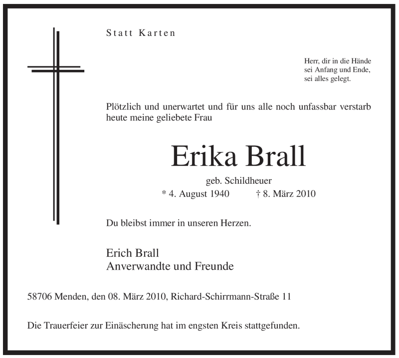  Traueranzeige für Erika Brall vom 17.03.2010 aus Tageszeitung