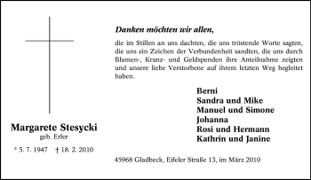 Traueranzeige von Margarete Stesycki von Tageszeitung