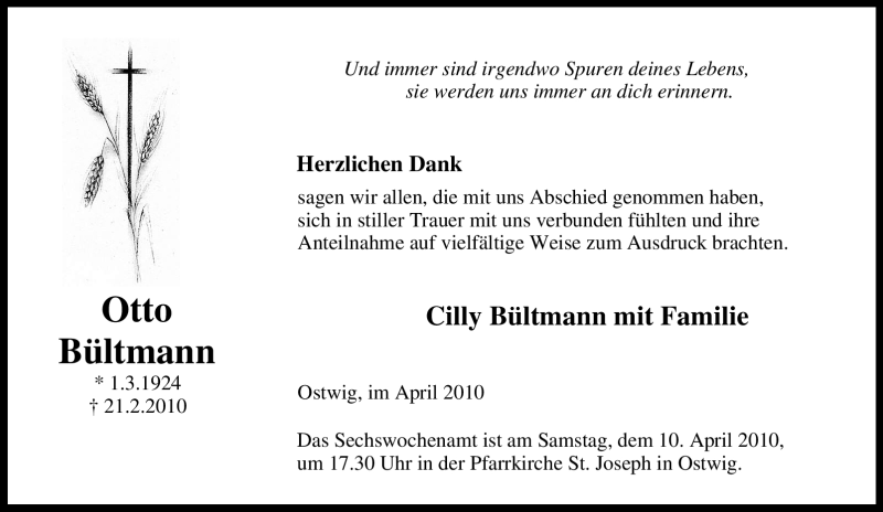  Traueranzeige für Otto Bültmann vom 31.03.2010 aus Tageszeitung