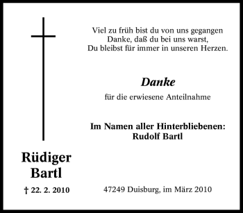 Traueranzeige von Rüdiger Bartl von Tageszeitung