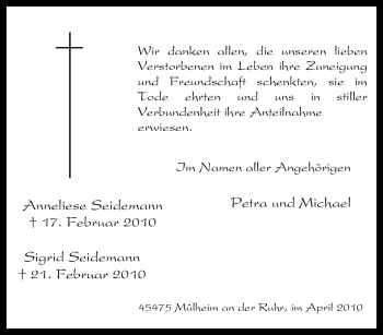 Traueranzeige von Anneliese Seidemann von Tageszeitung