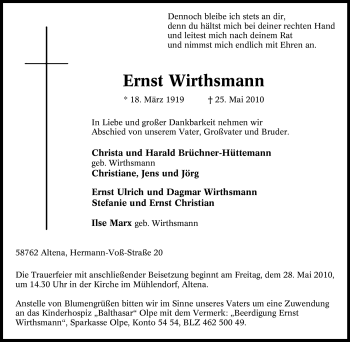 Traueranzeige von Ernst Wirthsmann von Tageszeitung