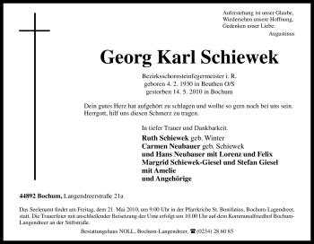 Traueranzeige von Georg Karl Schiewek von Tageszeitung