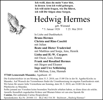 Traueranzeige von Hedwig Hermes von Tageszeitung