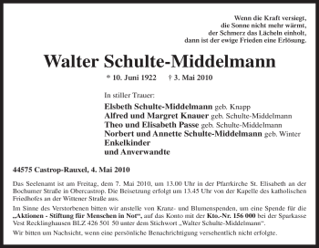 Traueranzeige von Walter Schulte-Middelmann von Tageszeitung