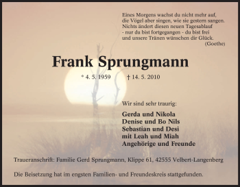 Traueranzeige von Frank Sprungmann von Tageszeitung