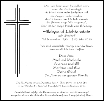 Traueranzeige von Hildegard Lichtenstein von Tageszeitung