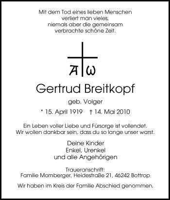 Traueranzeige von Gertrud Breitkopf von Tageszeitung