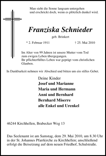 Traueranzeige von Franziska Schnieder von Tageszeitung