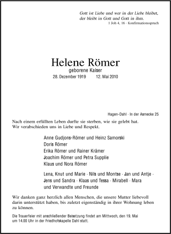 Traueranzeige von Helene Römer von Tageszeitung
