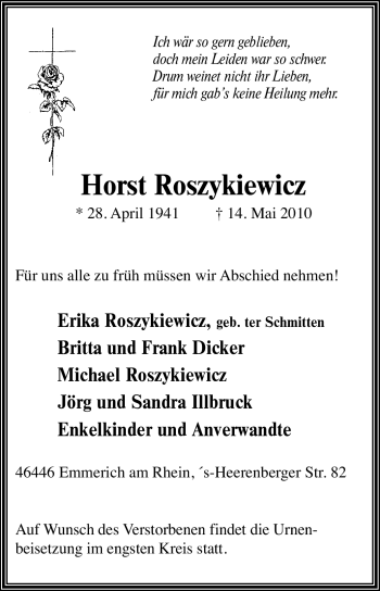 Traueranzeige von Horst Roszykiewicz von Tageszeitung
