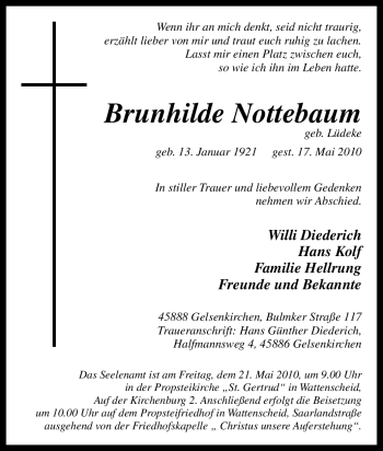 Traueranzeige von Brunhilde Nottebaum von Tageszeitung