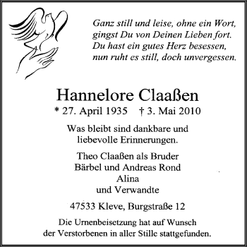 Traueranzeige von Hannelore Claaßen von Tageszeitung