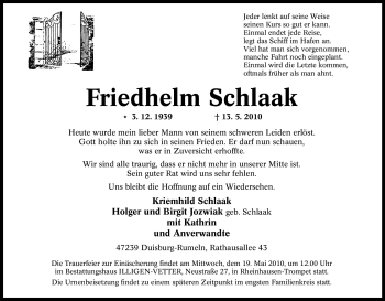 Traueranzeige von Friedhelm Schlaak von Tageszeitung