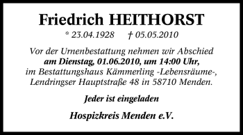 Traueranzeige von Friedrich Heithorst von Tageszeitung