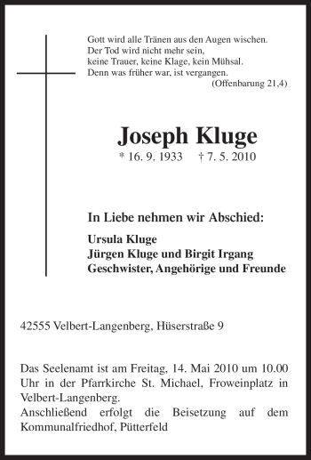 Traueranzeige von Joseph Kluge von Tageszeitung