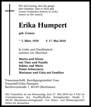 Traueranzeige von Erika Humpert von Tageszeitung