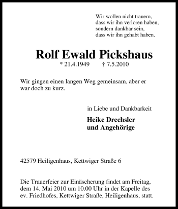 Traueranzeige von Rolf Ewald Pickshaus von Tageszeitung