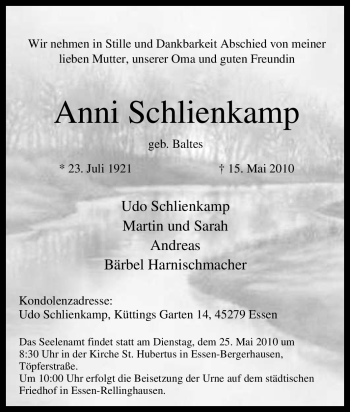 Traueranzeige von Anni Schlienkamp von Tageszeitung