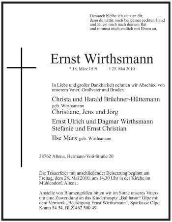 Traueranzeige von Ernst Wirthsmann von Tageszeitung