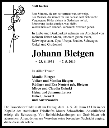 Traueranzeige von Johann Bletgen von Tageszeitung
