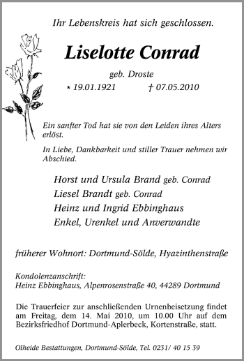 Traueranzeige von Liselotte Conrad von Tageszeitung