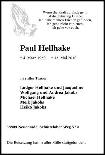 Traueranzeige von Paul Hellhake von Tageszeitung