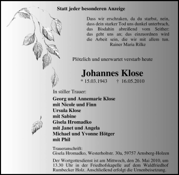 Traueranzeige von Johannes Klose von Tageszeitung